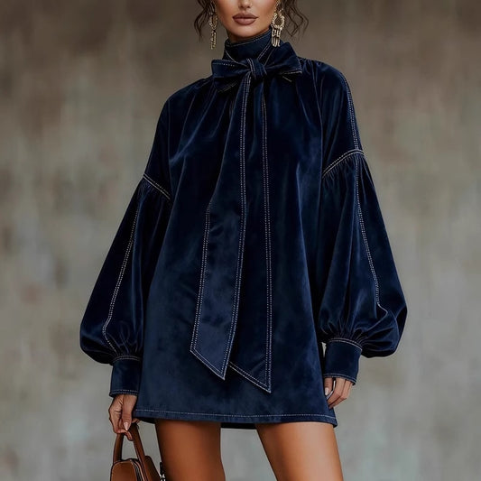 Vintage Solid Color Velvet Bow Tie Lantern Sleeve Loose Mini Dress