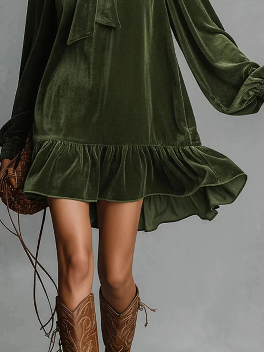 Vintage Green Bow Tie Lantern Sleeve Long Sleeve Ruffle Elegant Velvet Mini Dresses