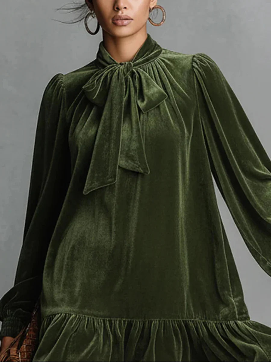 Vintage Green Bow Tie Lantern Sleeve Long Sleeve Ruffle Elegant Velvet Mini Dresses