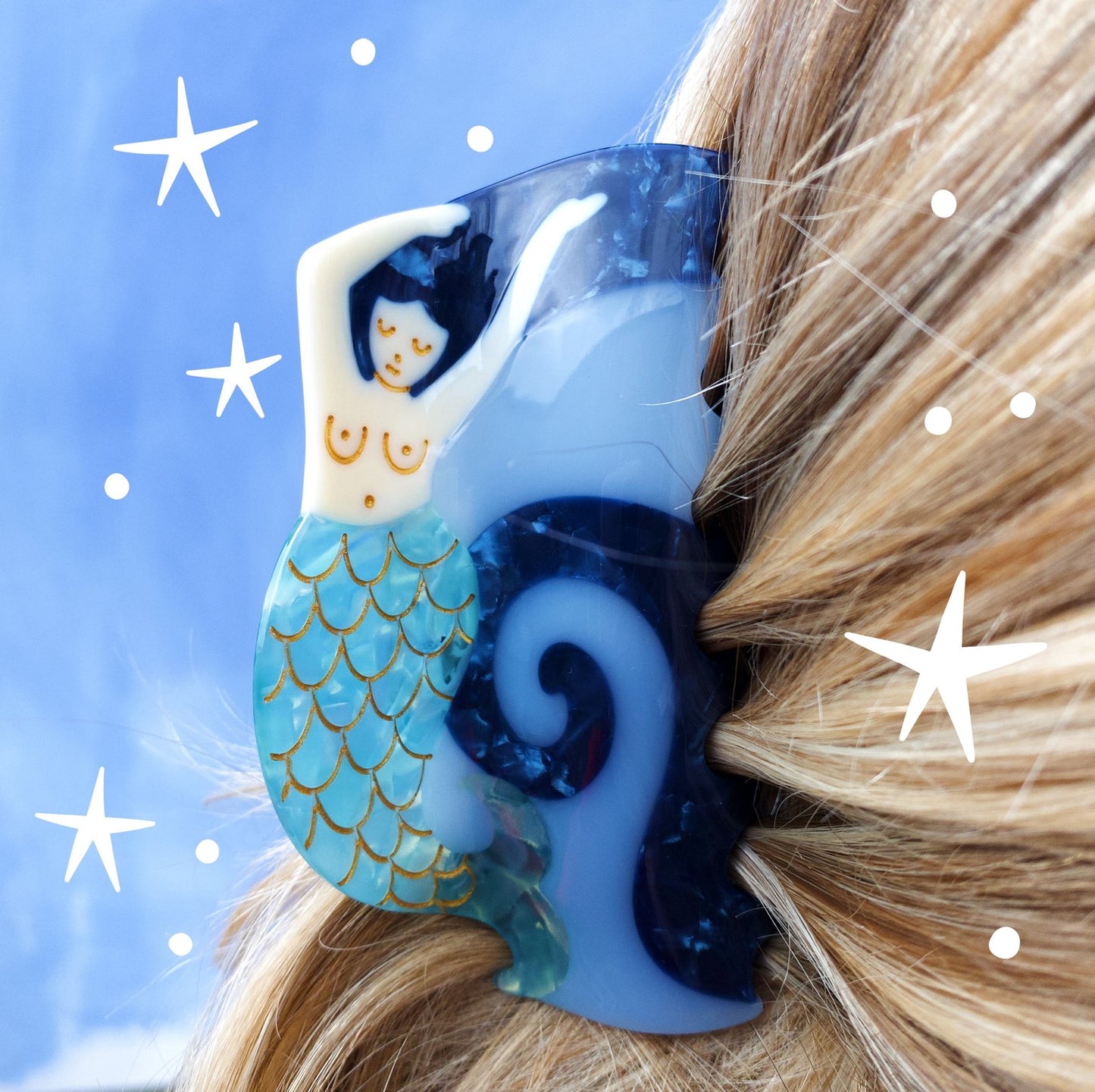 Jennie Mermaid cute bio-acetate large hair claw clip designed for elegant updos– perfect for thick hair and effortless hairstyles