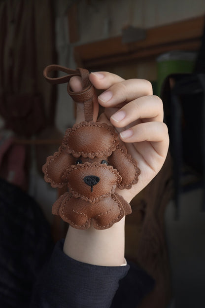 Poodle Teddy Charm Luxury leather bag charm in brown, handcrafted for handbag decoration, tote personalization, and unique gifts