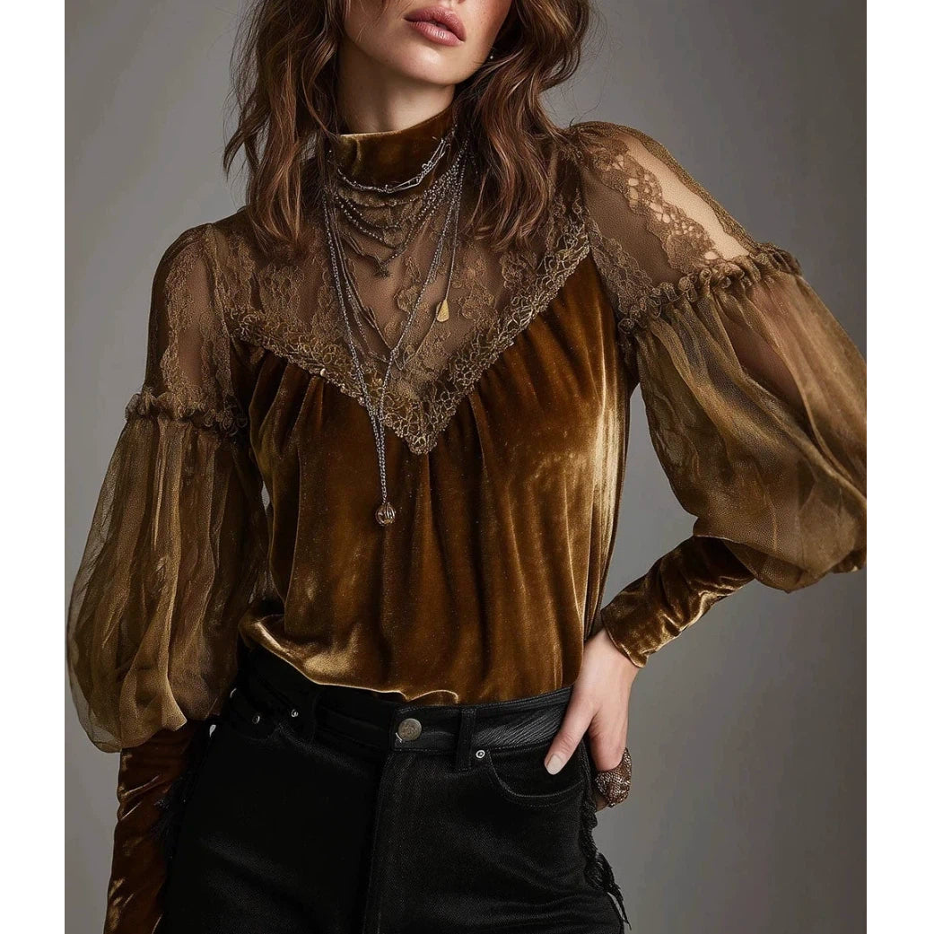 Retro Gold Velvet Lace Patchwork Balloon Sleeve Blouse