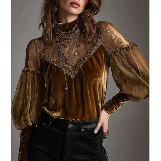 Retro Gold Velvet Lace Patchwork Balloon Sleeve Blouse
