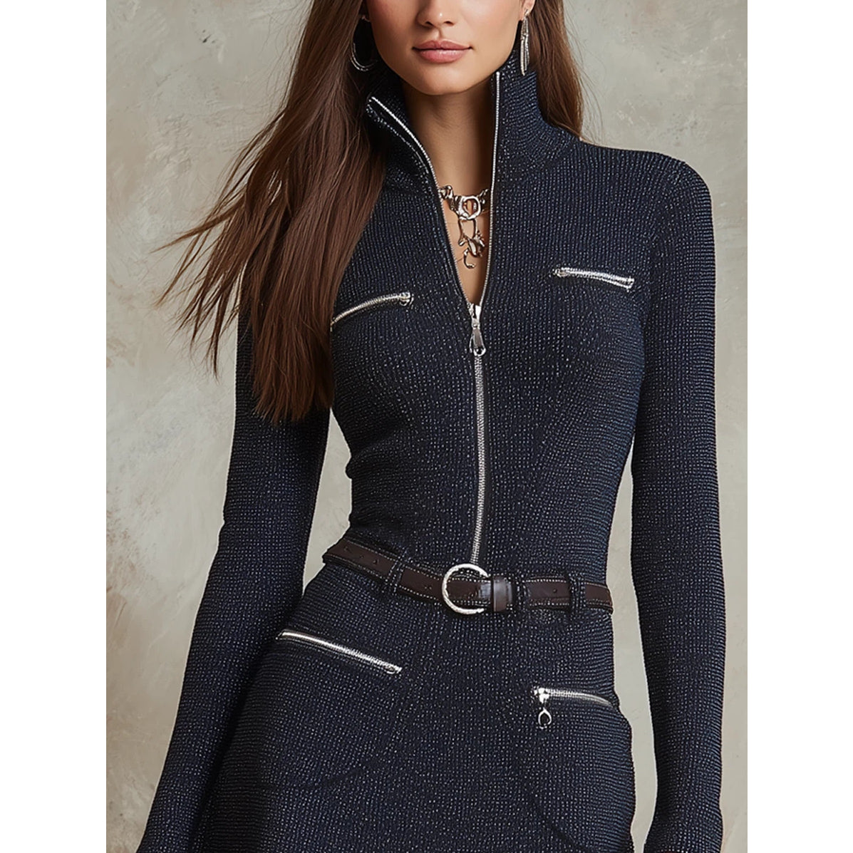 Vintage Zipper Pocket Knitted Mini Dress