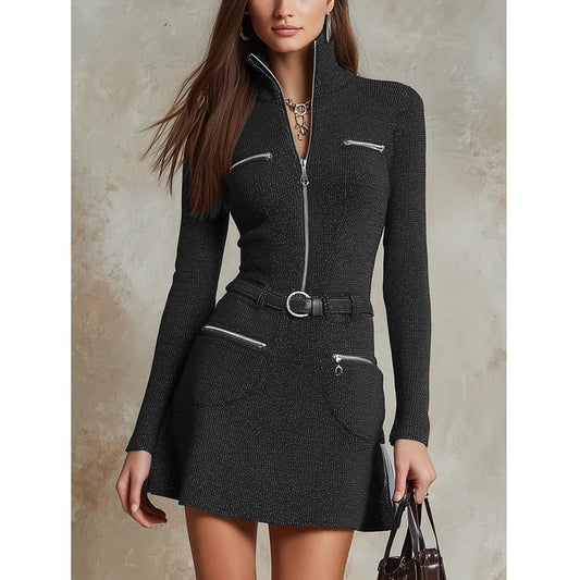 Vintage Zipper Pocket Knitted Mini Dress
