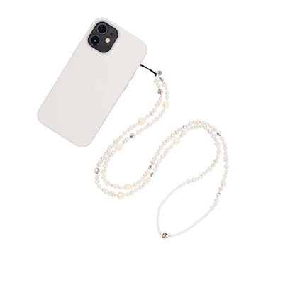 Lisa Venus Pearl Trap Wristlet Phone Strap Close-up of a stylish wristlet phone strap in durable material, featuring a secure loop for easy carrying and a sleek high quality white pearl and rhinestones bead design for everyday convenience