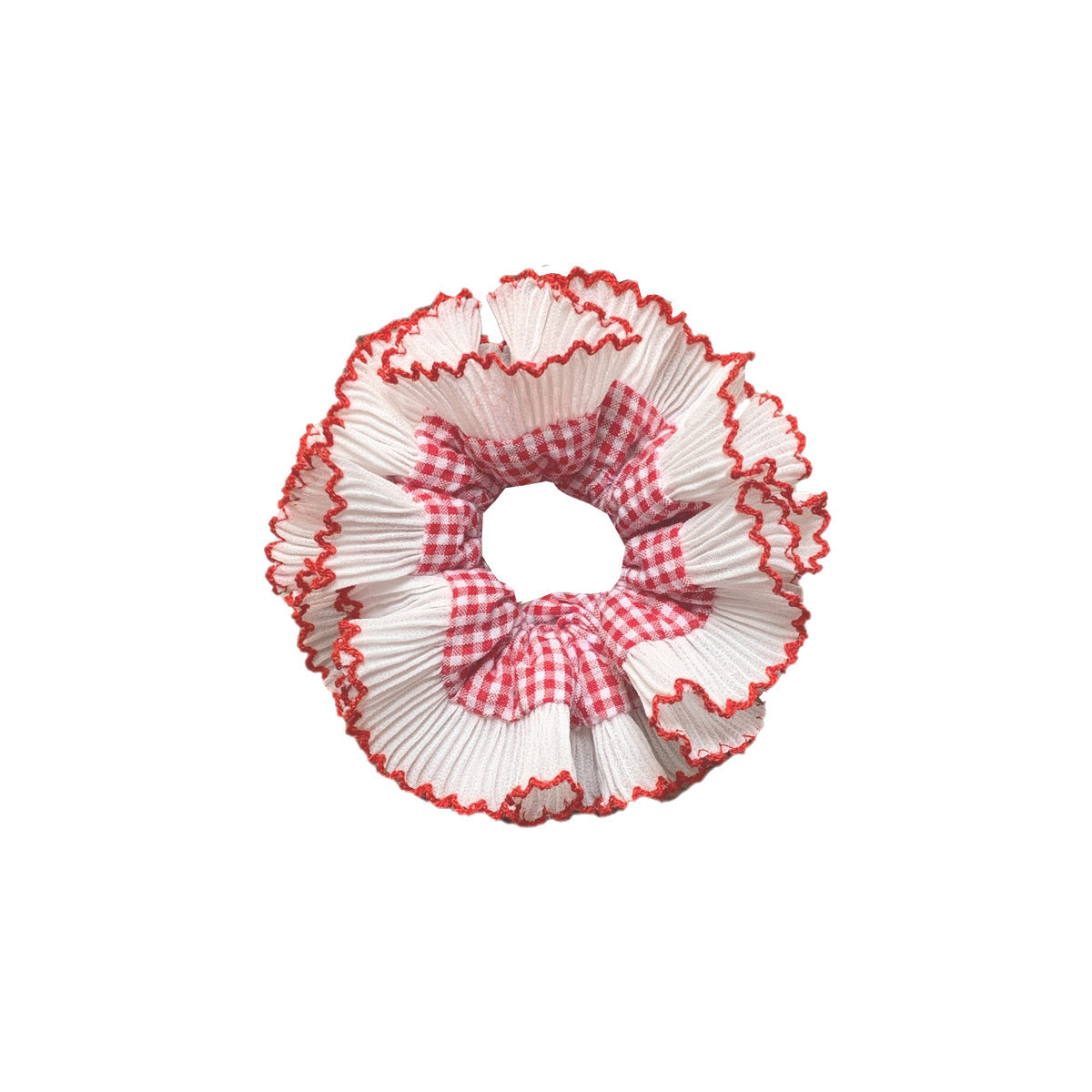 Sweet Dreams Scrunchie in Red Plaid Dots pink green blue oversized Soft and stylish cotton linen lace scrunchie feature a linen decorated design for added charm. A must-have statement accessory to complete your daytime look.