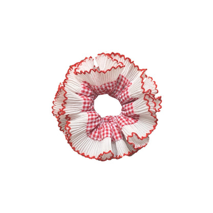 Sweet Dreams Scrunchie in Red Plaid Dots pink green blue oversized Soft and stylish cotton linen lace scrunchie feature a linen decorated design for added charm. A must-have statement accessory to complete your daytime look.