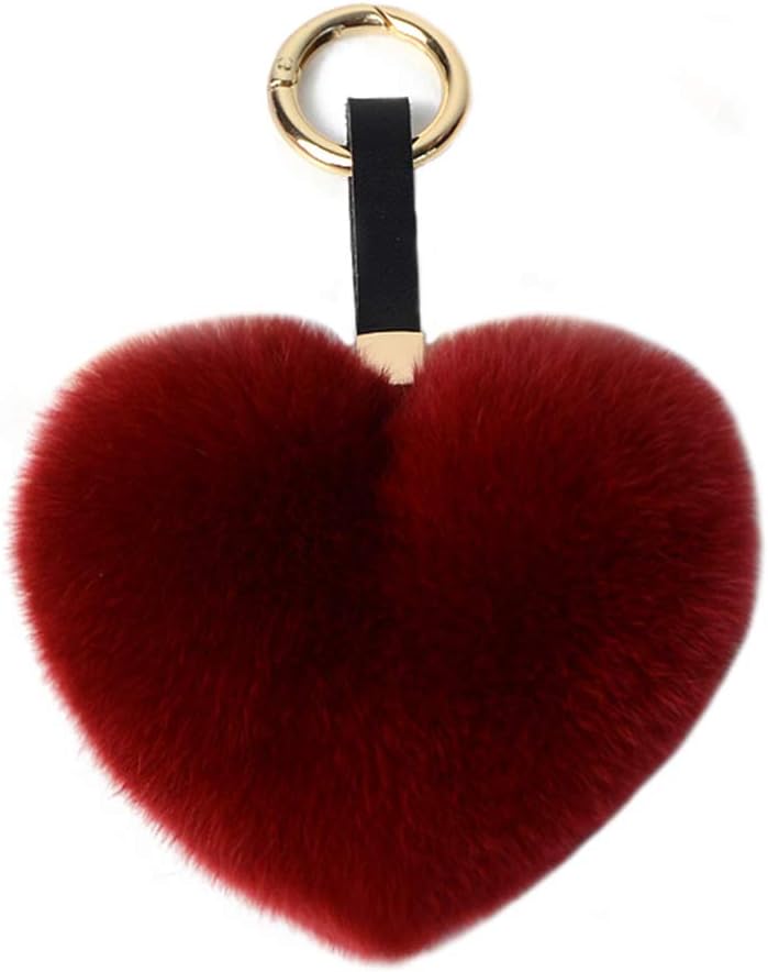 Chloe Genuine Rex Rabbit Hair Fur Pompom Keychain Heart Shaped Bag Charm Ring Fluffy Fur Ball