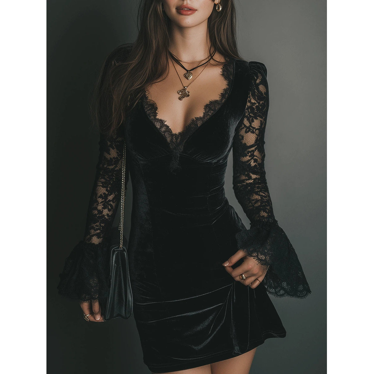 Romance Midnight Velvet Lace Bell-Sleeve Mini Dress
