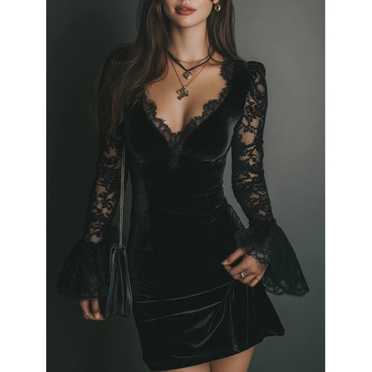Romance Midnight Velvet Lace Bell-Sleeve Mini Dress