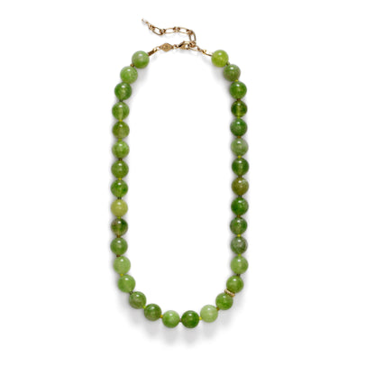 SOPHIA GREEN BOWL BEACH BALI NECKLACE featuring a clean chic design of Dyed green quartz & Glass beads in middle size and vintage green color with gold necklace clasp ,perfect for dailylife/party/office/casual occasion. Styled against a white background.