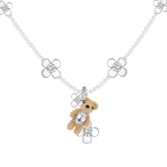 Paradise / Mini Flocked Bear Flowers Pearl Necklace