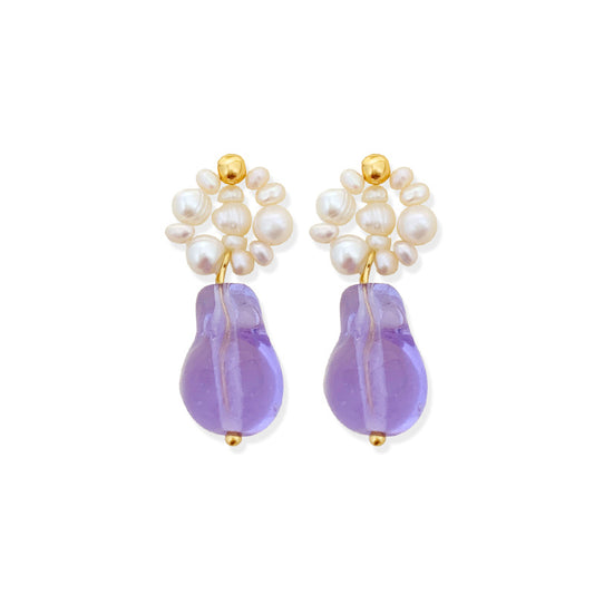 DEVOTION:PEARL AND LILAC BIO RESIN GOLD PLATED EARRING