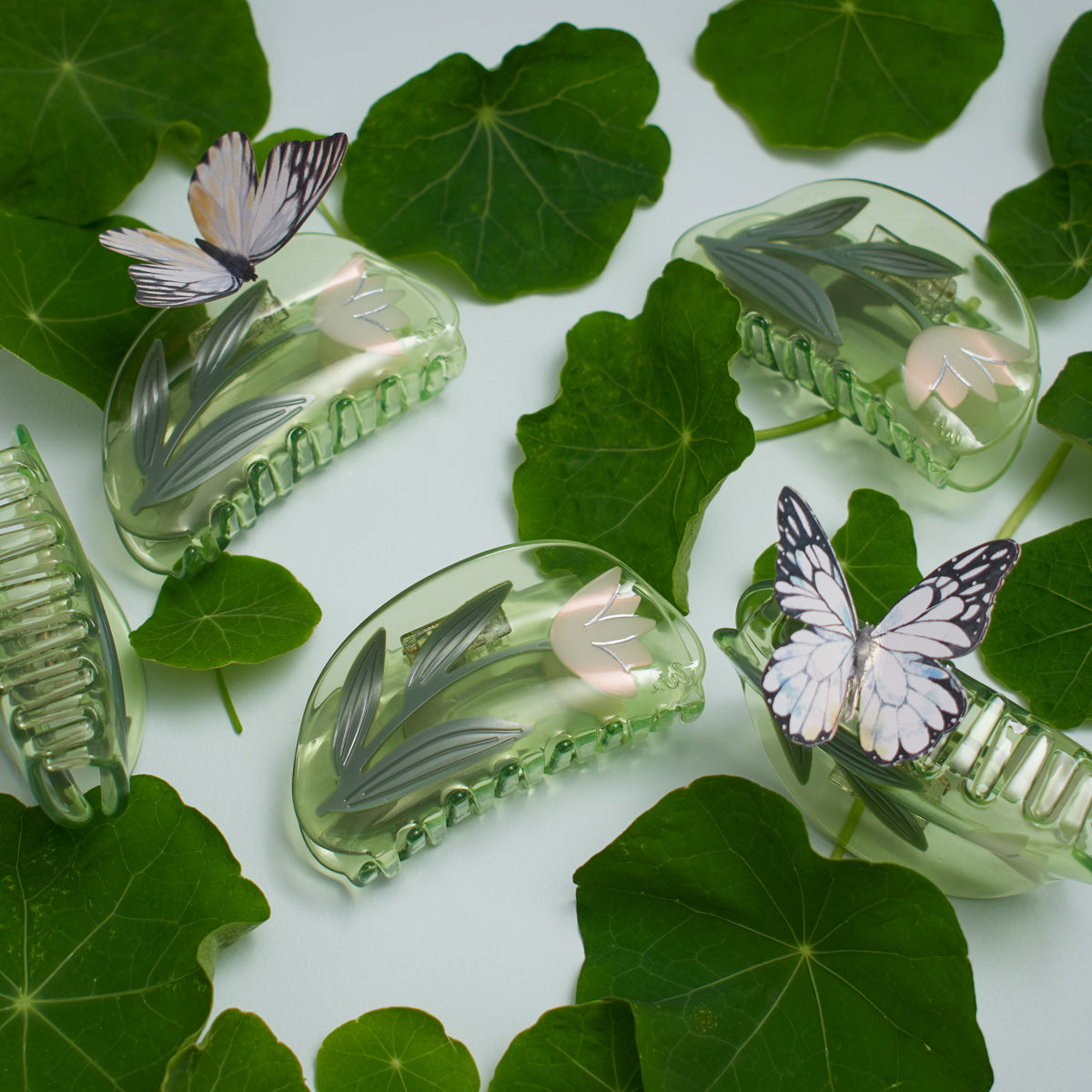 Green White Lotus Flower Jennie inspired cute bio-acetate large hair claw clip designed for elegant updos– perfect for thick hair and effortless hairstyles