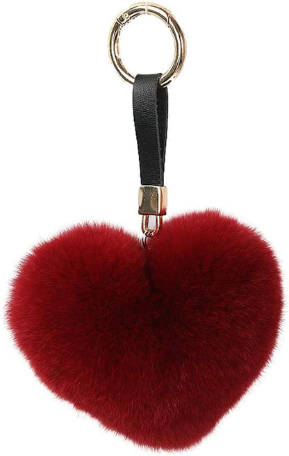 Chloe Genuine Rex Rabbit Hair Fur Pompom Keychain Heart Shaped Bag Charm Ring Fluffy Fur Ball