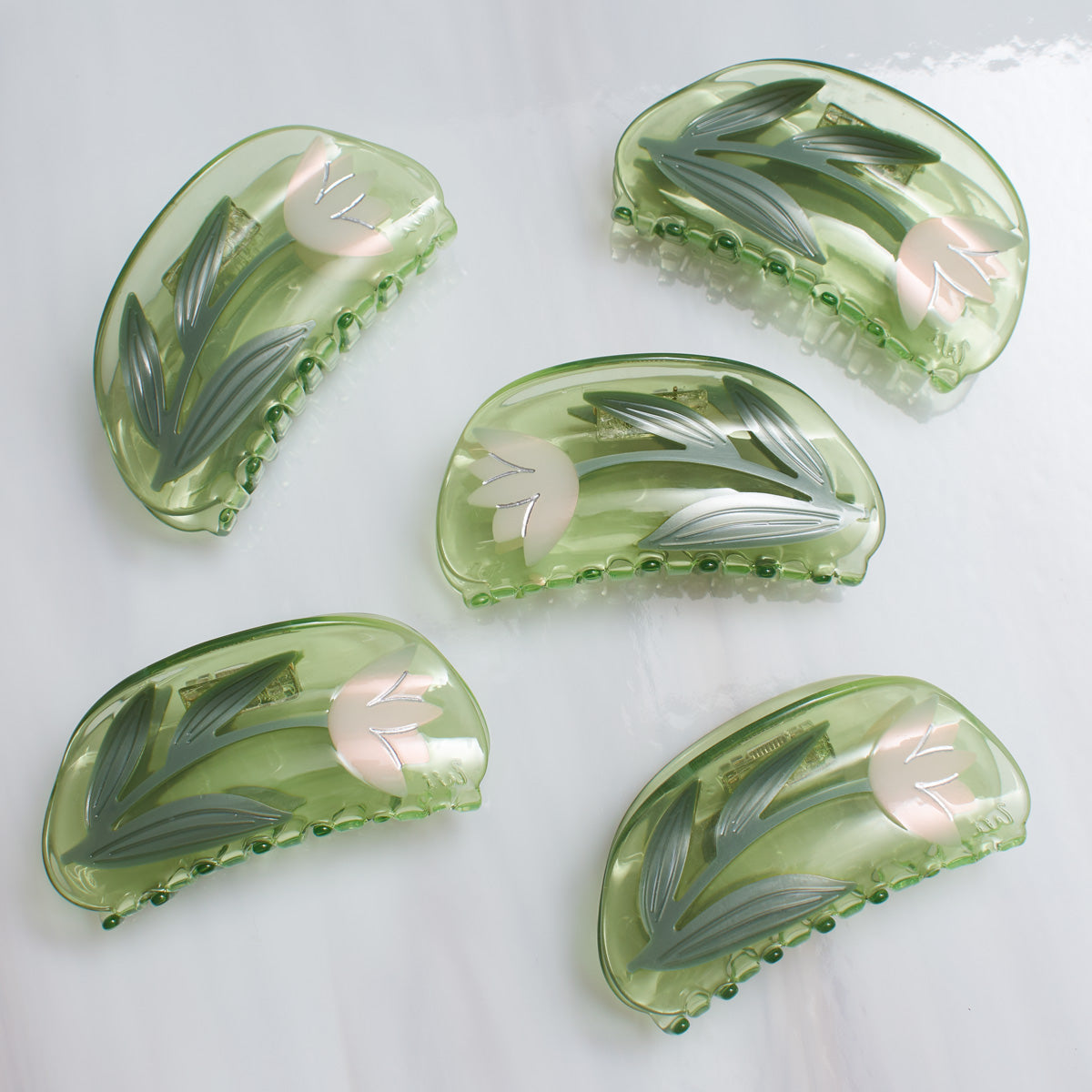 Green White Lotus Flower Jennie inspired cute bio-acetate large hair claw clip designed for elegant updos– perfect for thick hair and effortless hairstyles