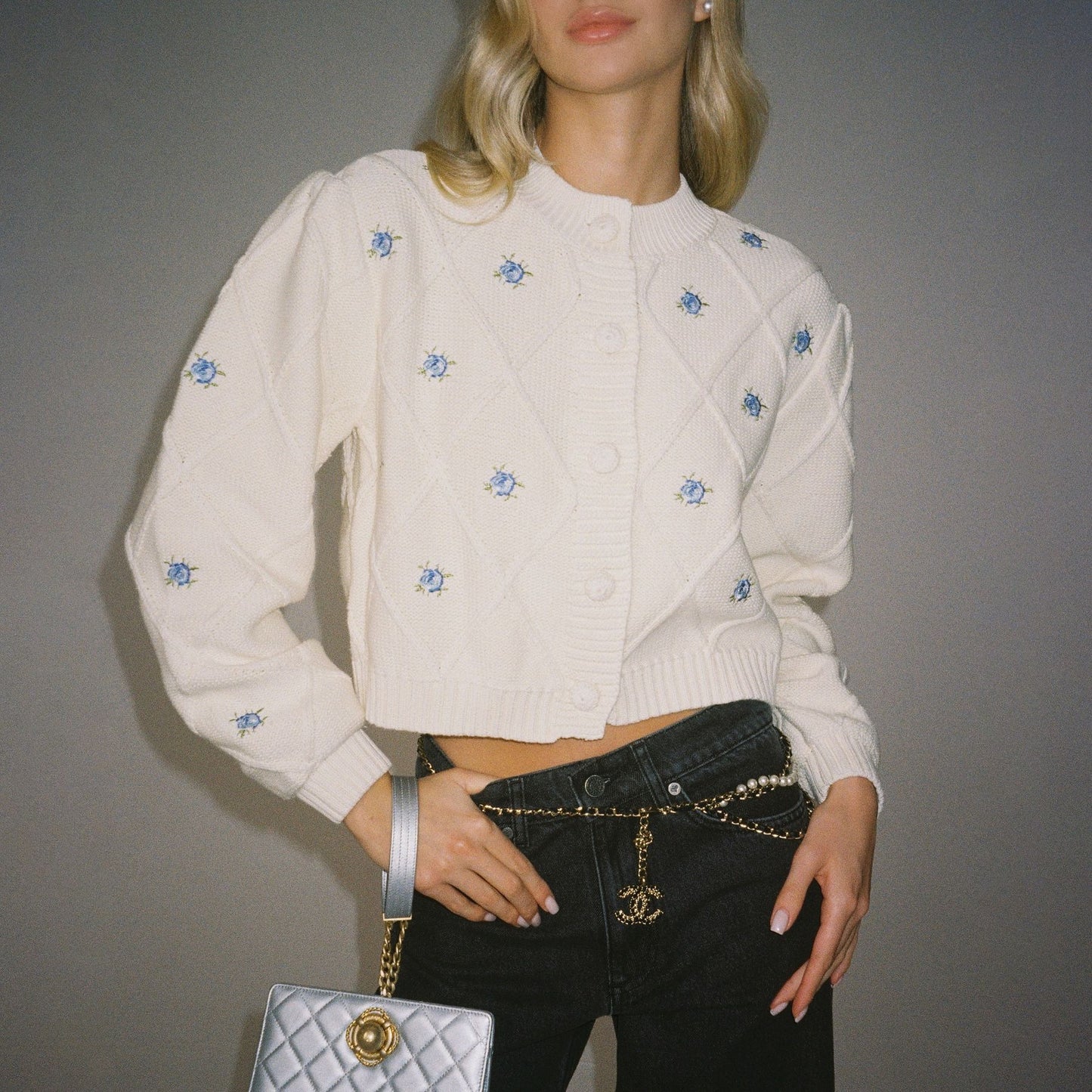 Chunky Puff Sleeve Floral Embroidered Crew Neck Cardigan