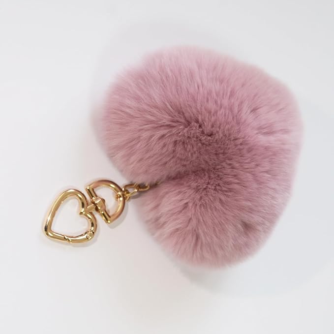 Chloe Genuine Rex Rabbit Hair Fur Pompom Keychain Heart Shaped Bag Charm Ring Fluffy Fur Ball