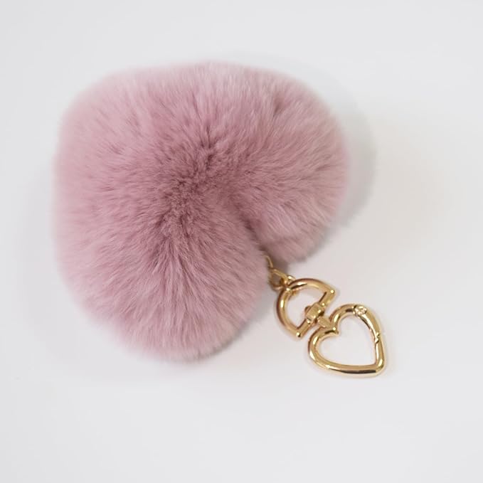 Chloe Genuine Rex Rabbit Hair Fur Pompom Keychain Heart Shaped Bag Charm Ring Fluffy Fur Ball