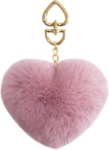 Genuine Rex Rabbit Hair Fur Pompom Keychain Heart Shaped Bag Charm Ring Fluffy Fur Ball featuring a clean chic design and fluffy pinky classic color ,perfect for daily /party/casual/office bagcharm/chain charm decoration . Styled against a white background.