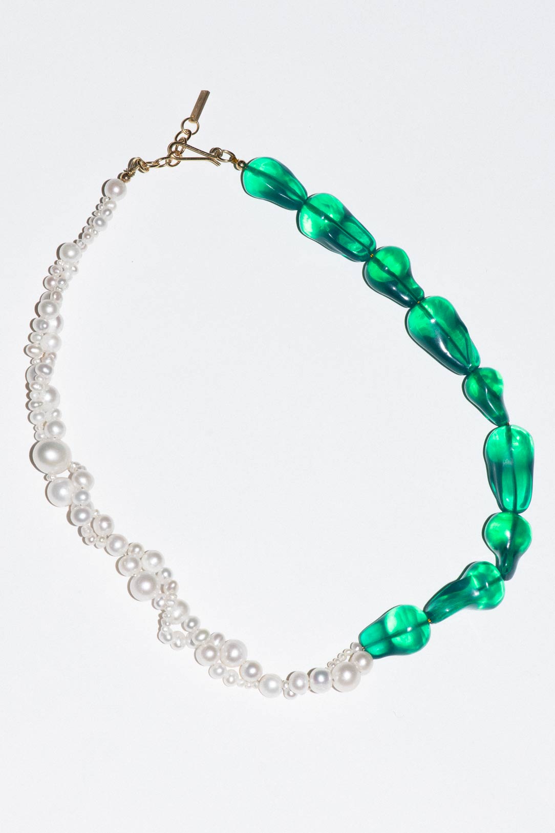 DEVOTION:PEARL AND GREEN BIO RESIN GOLD PLATED NECKLACE