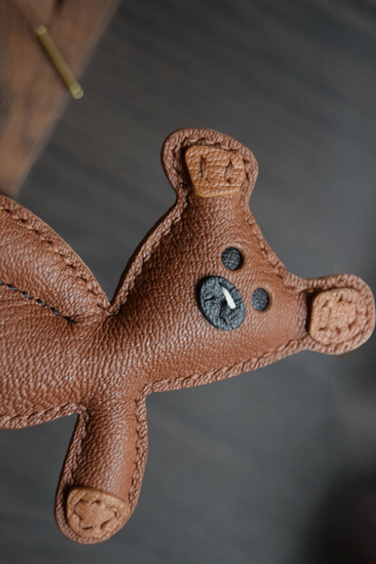 Mr Bean Teddy Handcrafted leather teddy bear bag charm, eco-friendly luxury accessory for tote bags, crossbody bags, and gifts