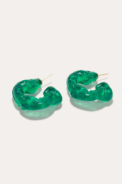 CULT STATEMENTPIECES BLUE BIO RESIN GOLD VERMEIL EARRINGS featuring a clean chic hoop design and modern jelly green color ,perfect for dailylife/party/office/casual occasion. Styled against a white background.