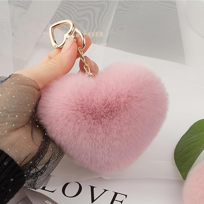 Chloe Genuine Rex Rabbit Hair Fur Pompom Keychain Heart Shaped Bag Charm Ring Fluffy Fur Ball