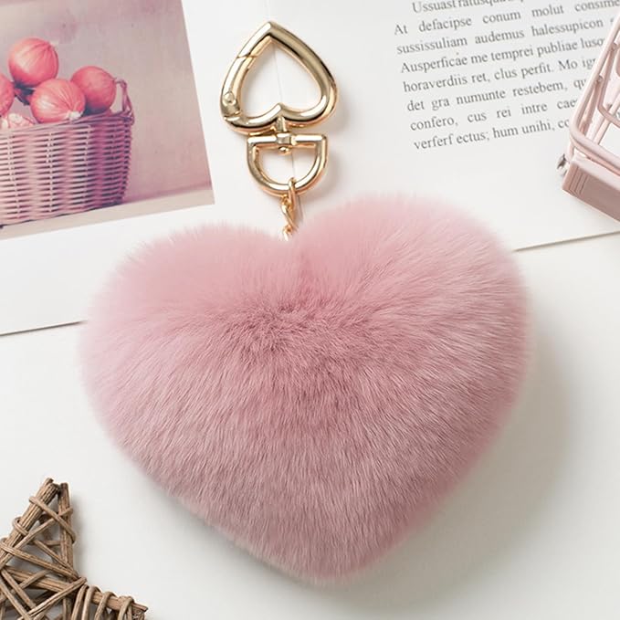 Chloe Genuine Rex Rabbit Hair Fur Pompom Keychain Heart Shaped Bag Charm Ring Fluffy Fur Ball