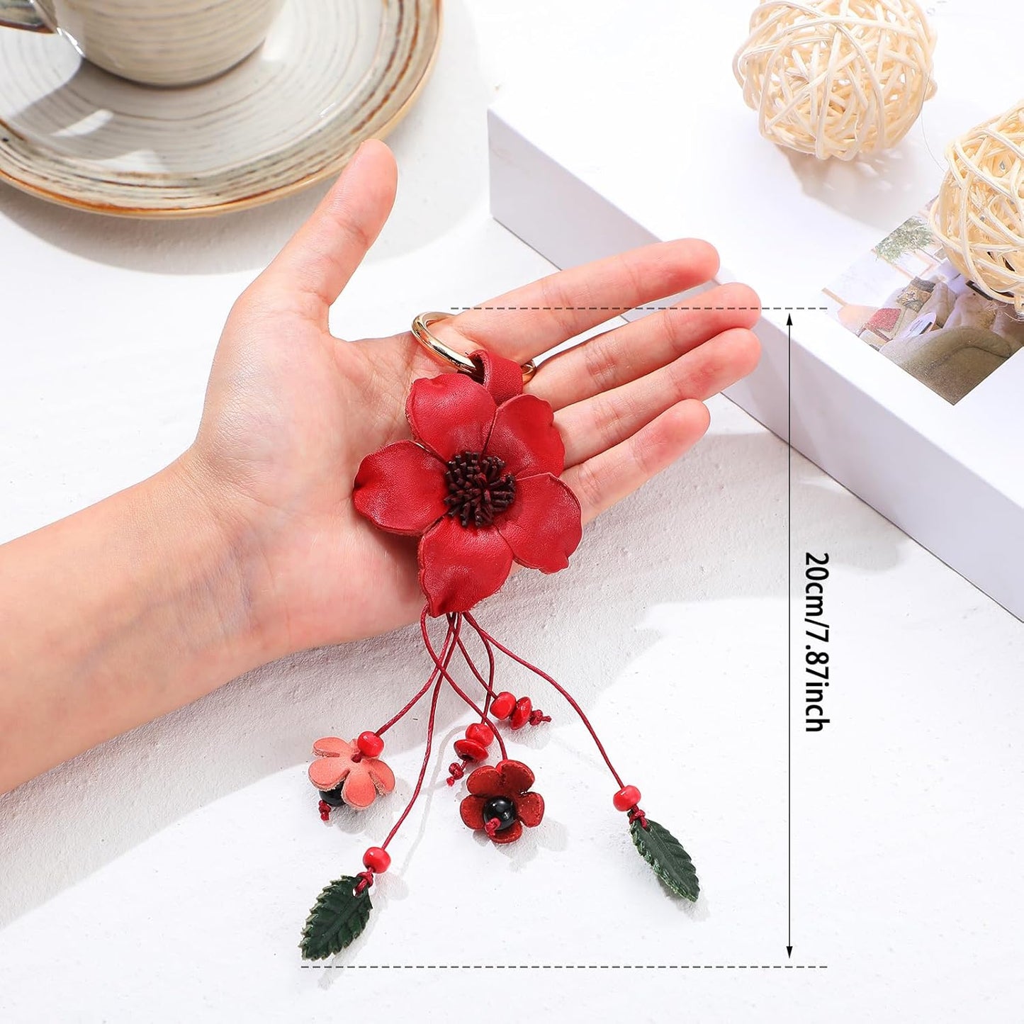 Chloe Leather Leaf Flower Tassel Keychain Boho Bag Purse Ring Pendant Charms