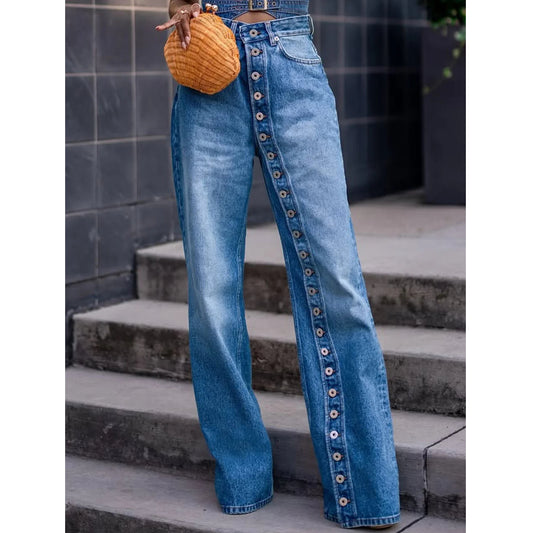 Buckle Detail Straight-Leg Denim Jeans