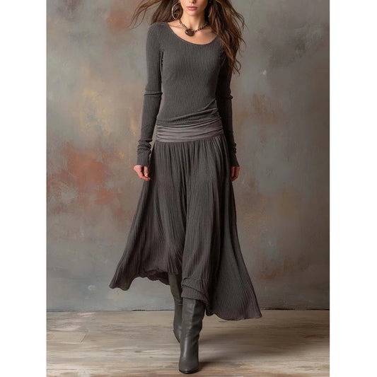 Vintage Ribbed Knit Maxi Dress In Charcoal Gray