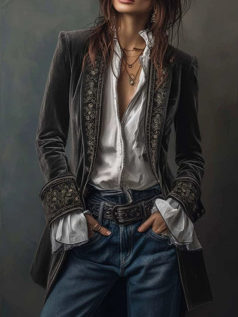 Vintage Navy Polyester Velvet Embroidered Long Jacket