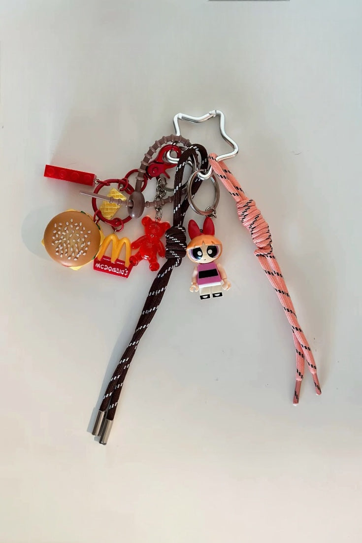 Premium powerpuff McDonald burger and bear bag charm, handcrafted in a unique character design, fashionable pink ornament for bags and gifts