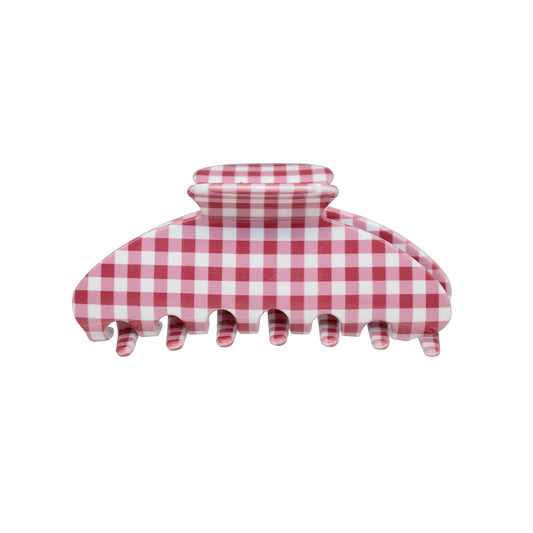 Big Effing Clip in Cherry Gingham Red and white checkered hair clip on a white background