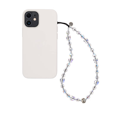 Lisa Venus Pearl Trap Wristlet Phone Strap Close-up of a stylish wristlet phone strap in durable material, featuring a secure loop for easy carrying and a sleek high quality white pearl and rhinestones bead design for everyday convenience