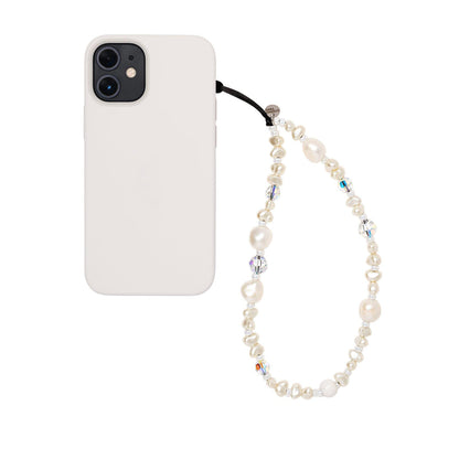 Lisa Venus Pearl Trap Wristlet Phone Strap Close-up of a stylish wristlet phone strap in durable material, featuring a secure loop for easy carrying and a sleek high quality white pearl and rhinestones bead design for everyday convenience.