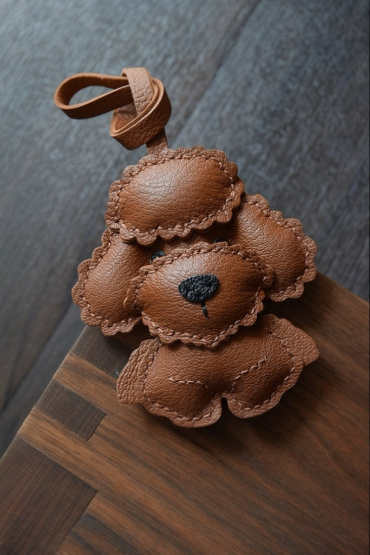 Poodle Teddy Charm Luxury leather bag charm in brown, handcrafted for handbag decoration, tote personalization, and unique gifts