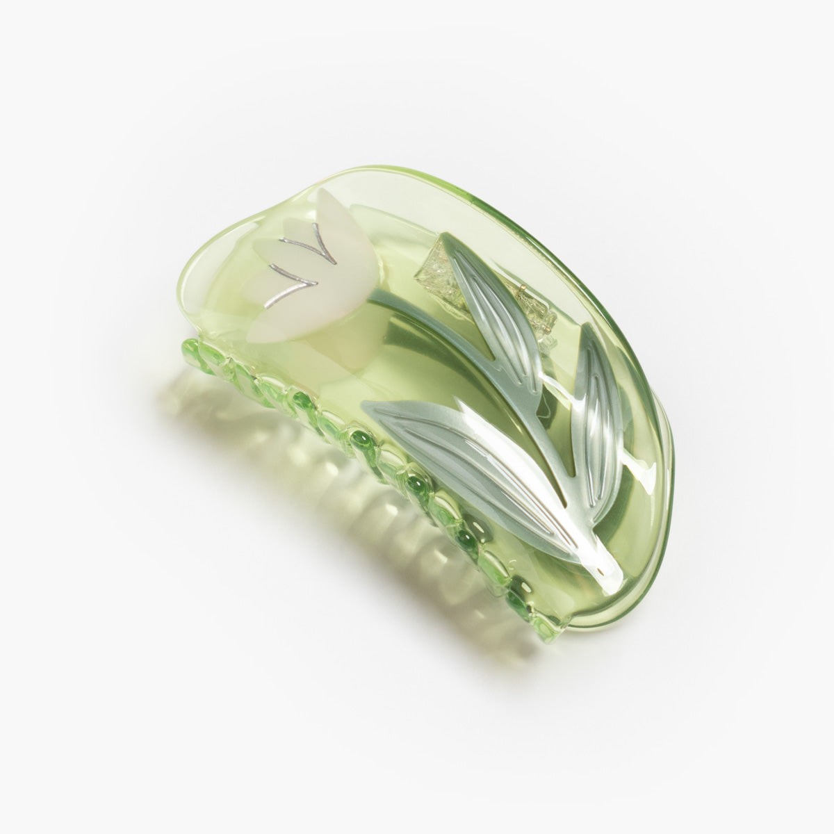 Green White Lotus Flower Jennie inspired cute bio-acetate large hair claw clip designed for elegant updos– perfect for thick hair and effortless hairstyles